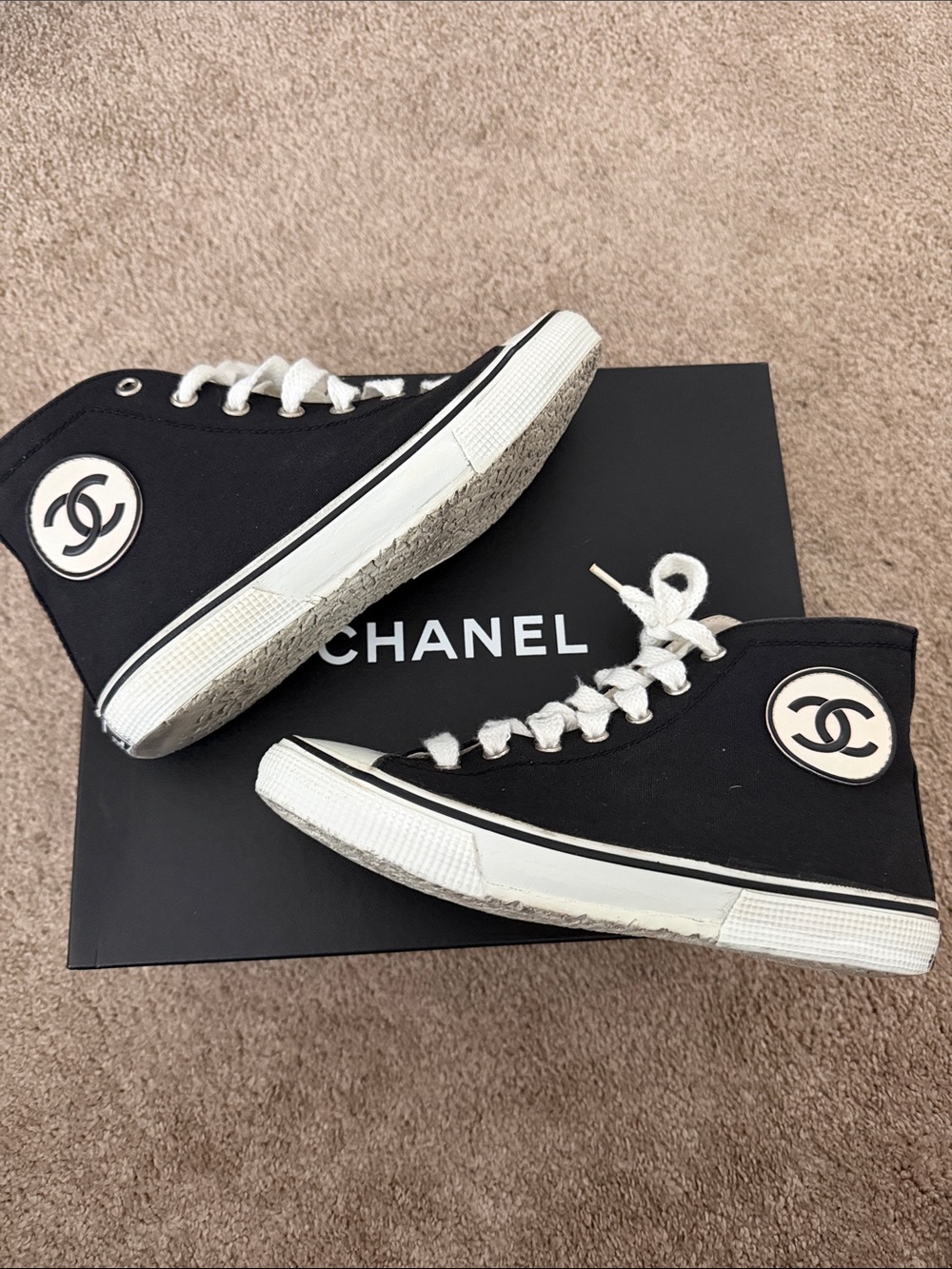 CHANEL Black Canvas High-Top Sneakers with White Accents